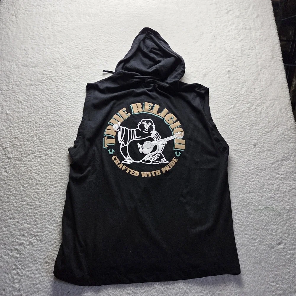 True Religion Hoodie Mens Large Black Sleeveless Crafted With Pride Graphic Top